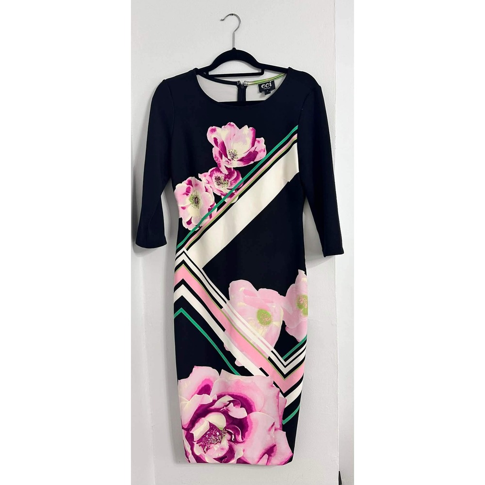ECI New York Floral Sheath Dress 3/4 Sleeve Stretch Zipper Back Woman 8‎ - Picture 2 of 8